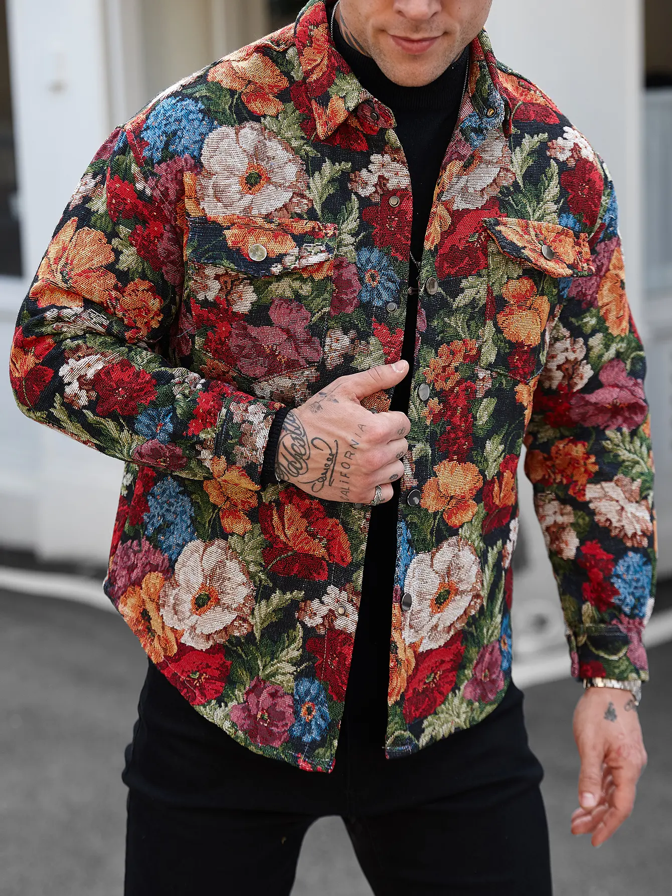 Men’s fashion jacket, rose jacquard shirt jacket, double-pocket button-front jacket, stylish versatile workwear shirt jacket, regular fit