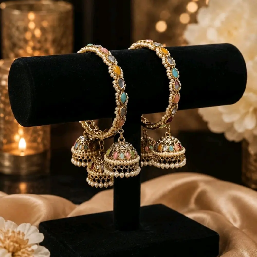 Women's Beautiful Multicolor Kundan Bangles with 3 Jhumki Accents and mirror work