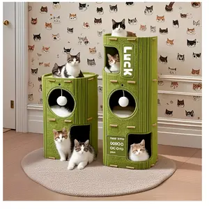 Tree hollow cat house, double-layer cave cat bed with scratching board and hanging teaser ball, comfortable felt cat villa, suitable for small indoor cats, cute cat furniture that meets cats’ needs for sleeping, hiding, and playing.