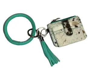 Genuine Cowhide Bangle Keychain Wallet with 8 Credit Card Slots & Snap Closure | Personalized Western Style Leather Wristlet