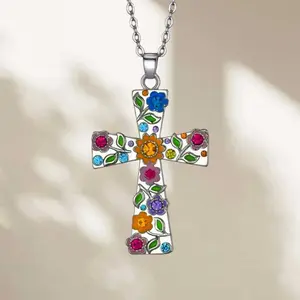 Cross Hope pendant Jewelry NecklaAnti-War Blooming Colorful Hope Cross Jewelry ForWomen Men Gift jew lery daily necklace Cross Pendant Necklace charm fashionable unique design Rotating Cross Crown Circle Pendant Necklace Chain