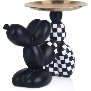 QIANLING Black and White Checkered Balloon Dog Sculpture with Tray, Resin Balloon Dog Decor Tray for Keys, Candy, Jewelry, Fun Desk, Shelf, Living Room, Entryway Home Decor Accent