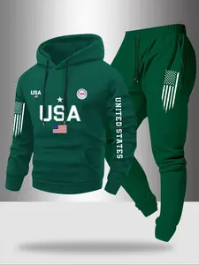 Men's Fall Winter Fleece Sweatshirt Set, Letter Flag Print Hoodie + Drawstring Casual Sport Pants, 2 Piece Set, Long Sleeve, Regular Fit, Athletic Activewear Tracksuit Sets
