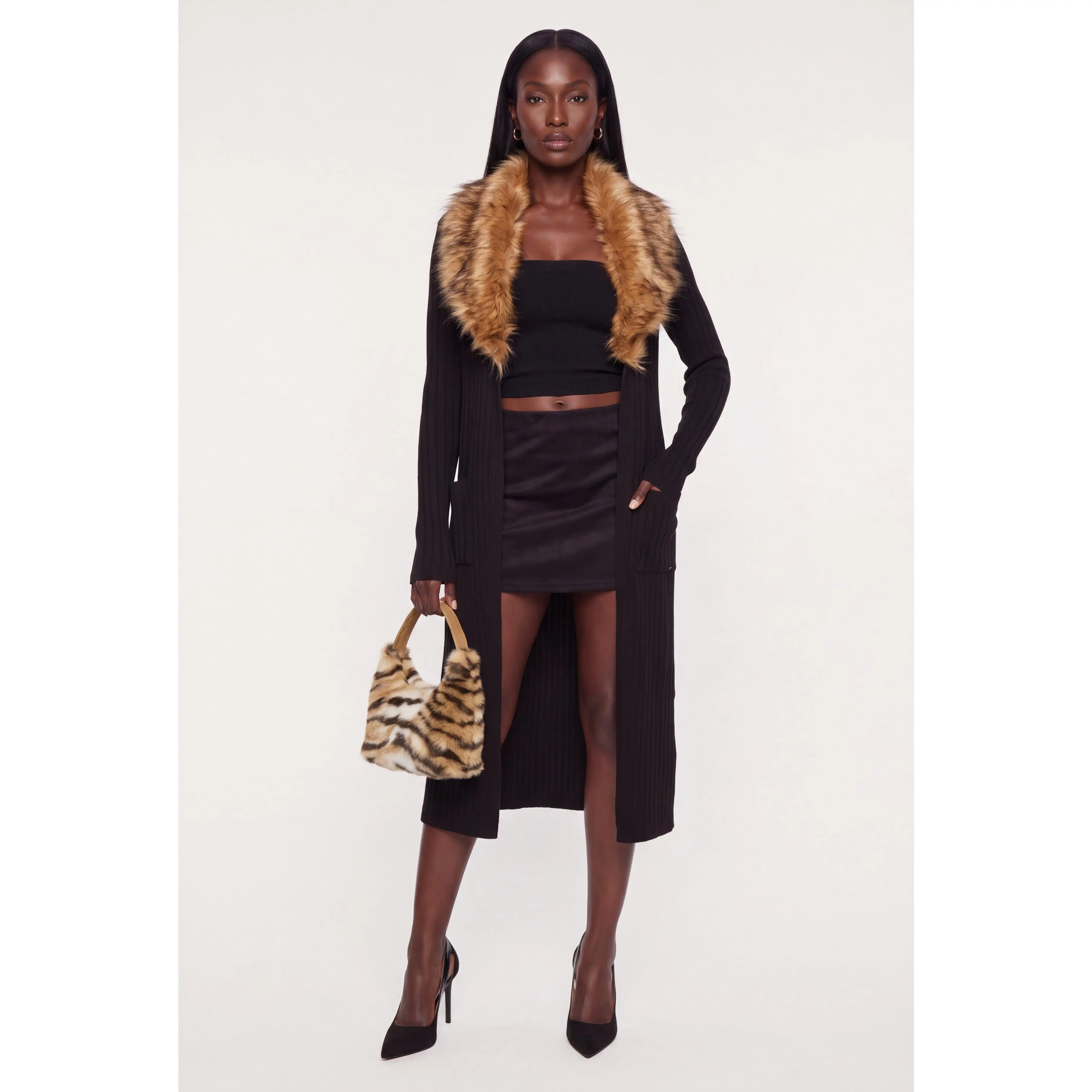 Removable Faux Fur Trim Ribbed Knit Duster