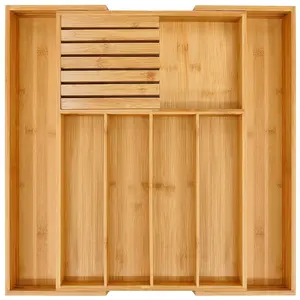 Multifunctional wooden drawer storage box for silverware, expandable kitchen cutlery drawer storage box (with knife holder), multifunctional bamboo storage box for cutlery, cosmetics, jewelry, and painting supplies.