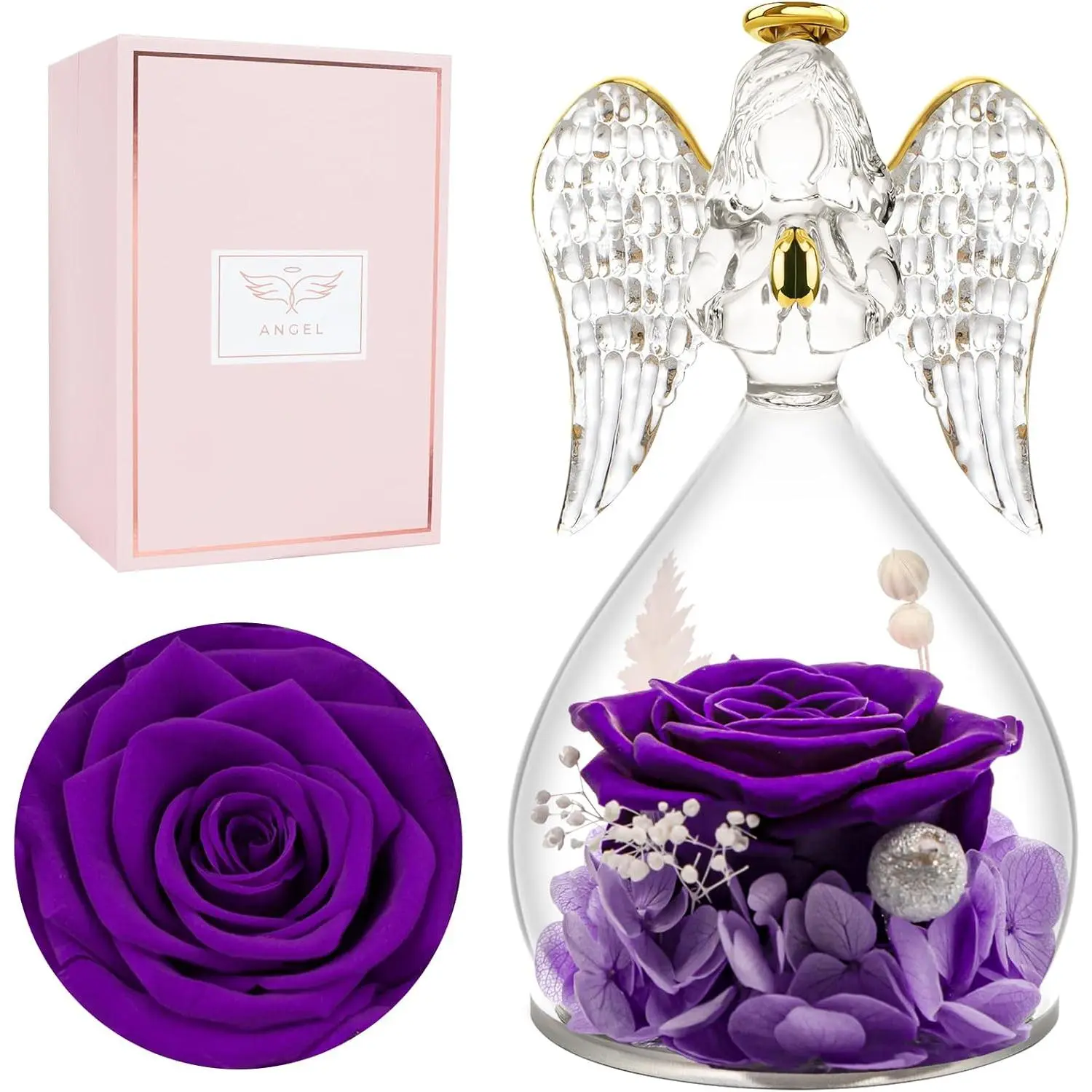 Preserved Flower Rose Birthday Gifts for Mom, Angel Figurines with Forever Real Rose Gifts for Her Mom Grandma, Angels Gifts for Mothers Day Christmas Anniversary Thanksgiving Birthday