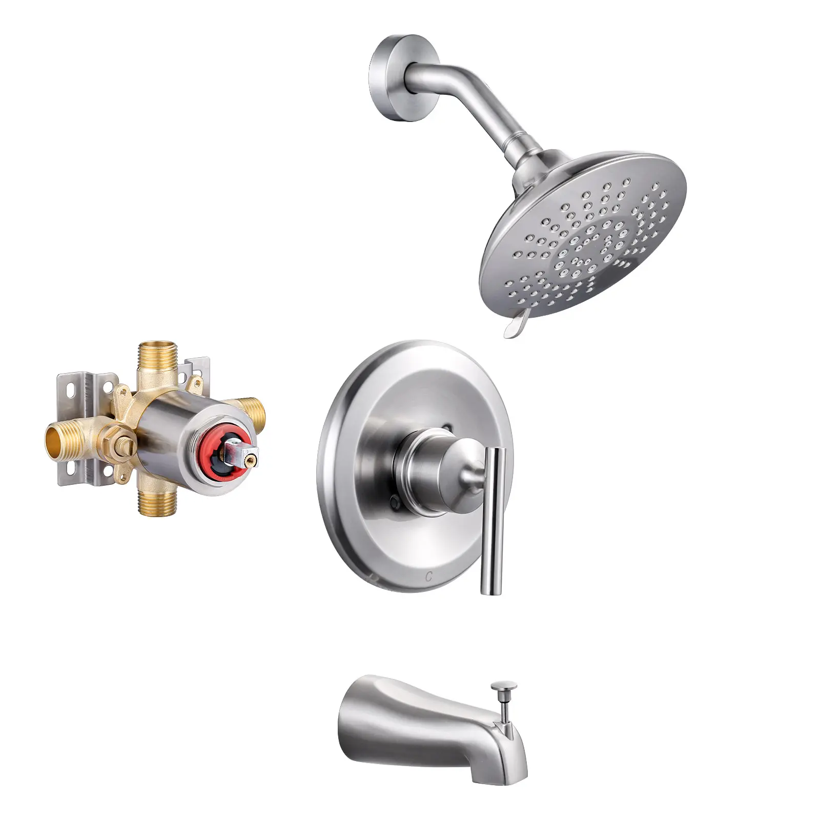 WOWOW Single-Handle 5-Spray Pressure Balance Tub and Shower Faucet, 1.8 GPM with Stops & Temperature Control, Brushed Nickel Finish with Included Valve, Rain Shower Head, Shower Arm
