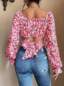 Women's Ditsy Floral Print Knot Back Flounce Sleeve Crop Blouse, Boho Fashion Casual Square Neck Long Sleeve Top for Daily Holiday Vacation Wear, Women Clothing for Fall & Winter