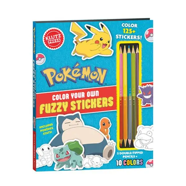 Pokémon Kids Color-In Fuzzy Stickers Book - Klutz Press, Hardcover, English, Preprinted Artwork, Includes Double-Tipped Pencils, Custom Stickers Activity Book