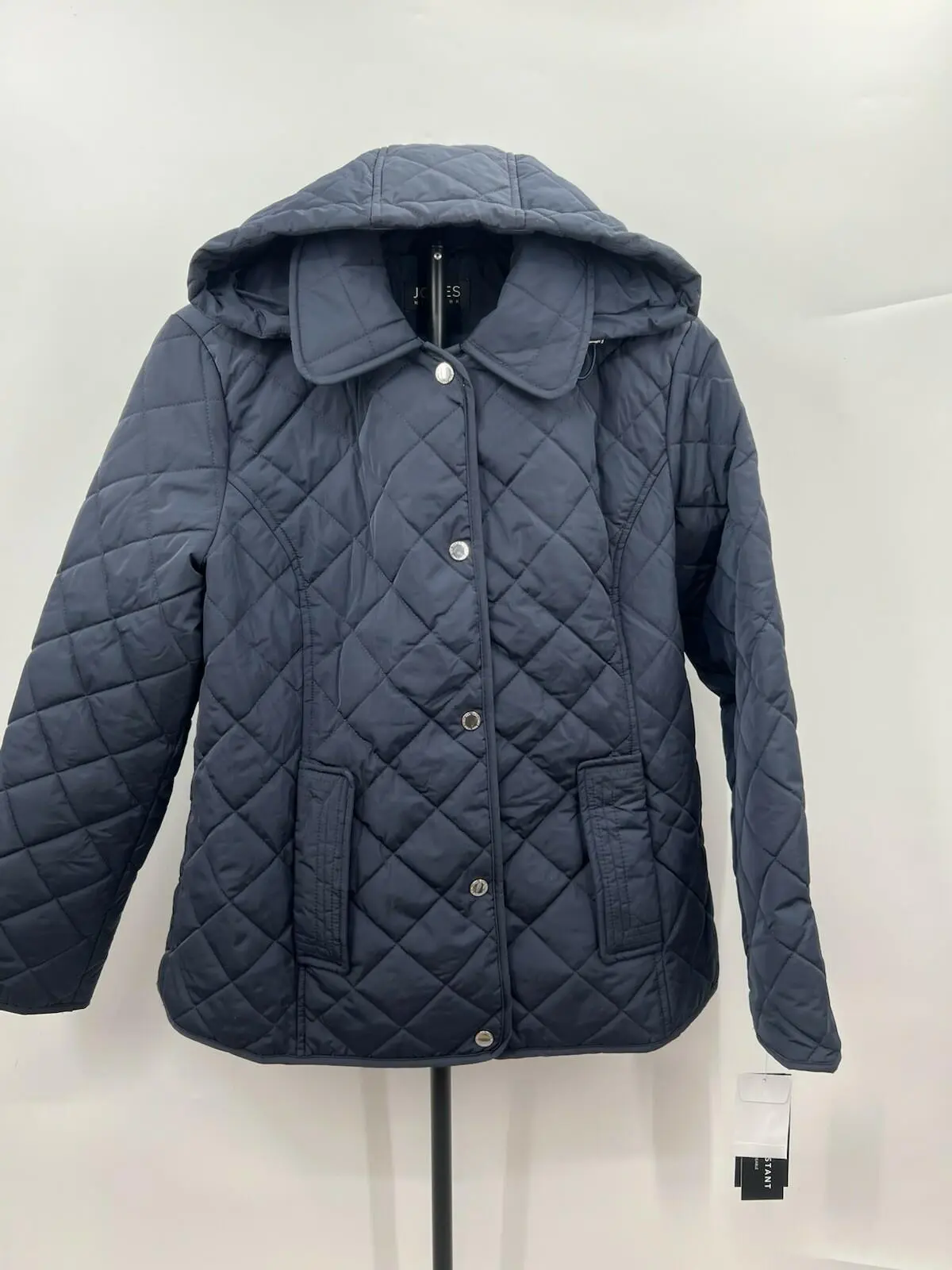 Jones New York Womens Classic Navy Quilted Jacket Hooded Snap Quilt NWT - Size L