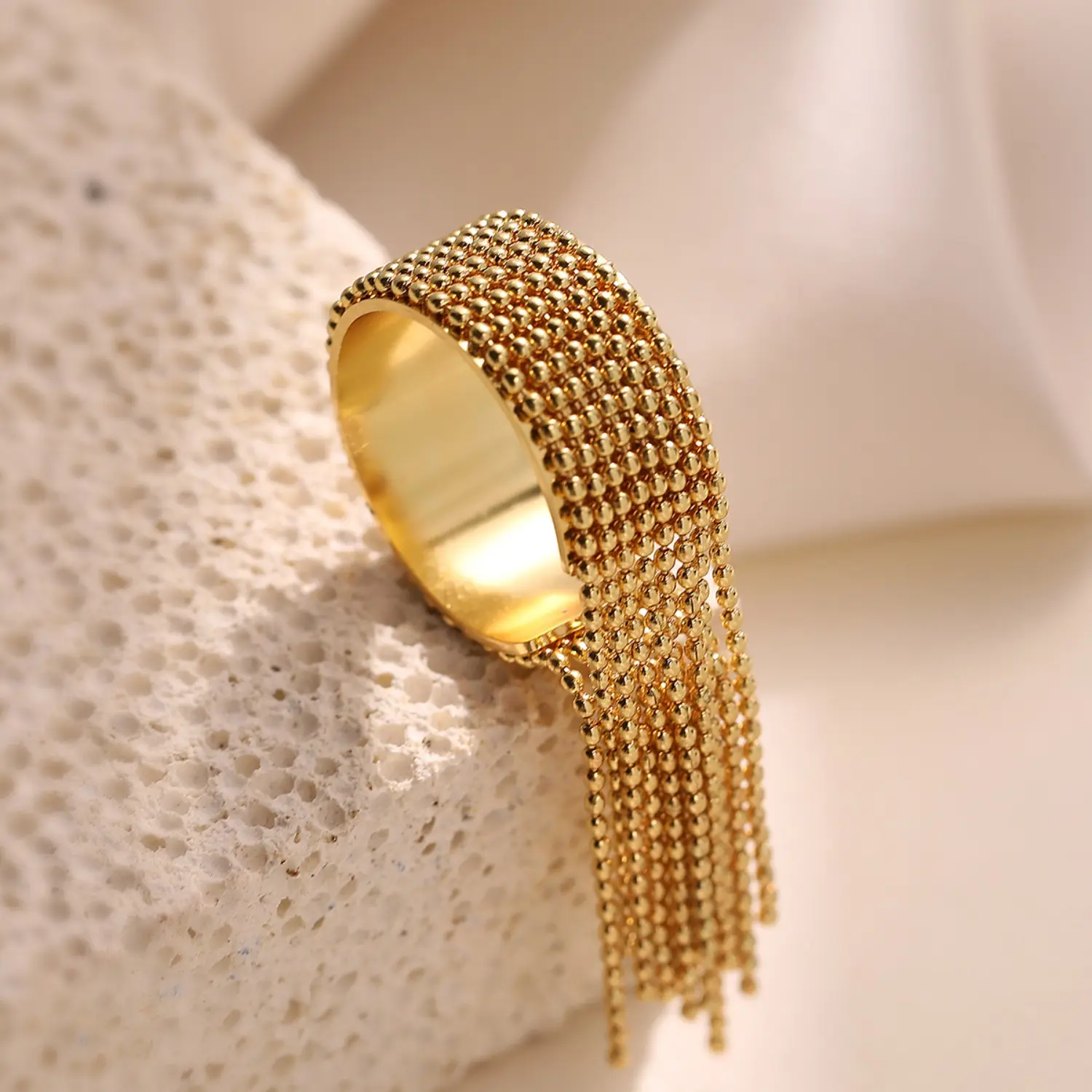 Yhpup Statement Adjustable Open Ring - 18K PVD Plated Stainless Steel Tassel Chain Charm, Stylish Golden High-Quality Sports & Outdoor Accessory Fashion Jewelry