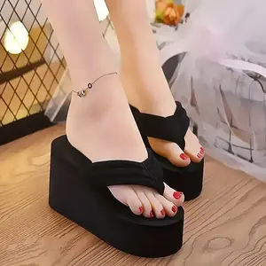 Women's Wedge Flip-Flops, Fashion Black Platform High Heel Slippers, Summer Outdoor Beach Slippers(Sheets)