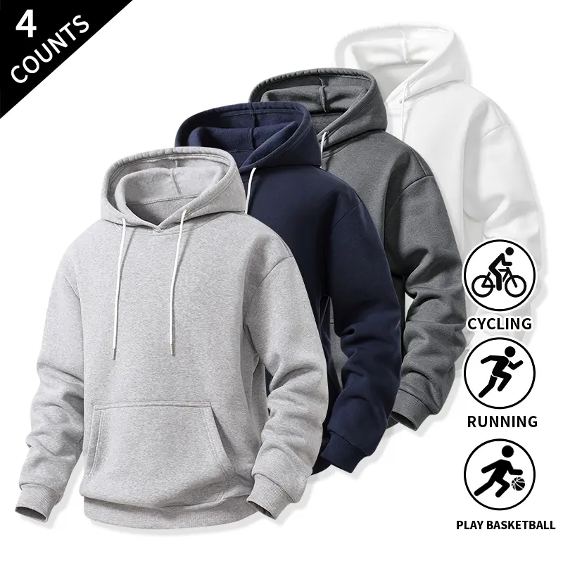 4-Pack Men’s Pullover Hooded Sweatshirts with Adjustable Drawstrings and Kangaroo Pockets for Daily Office Commutes and Workdays