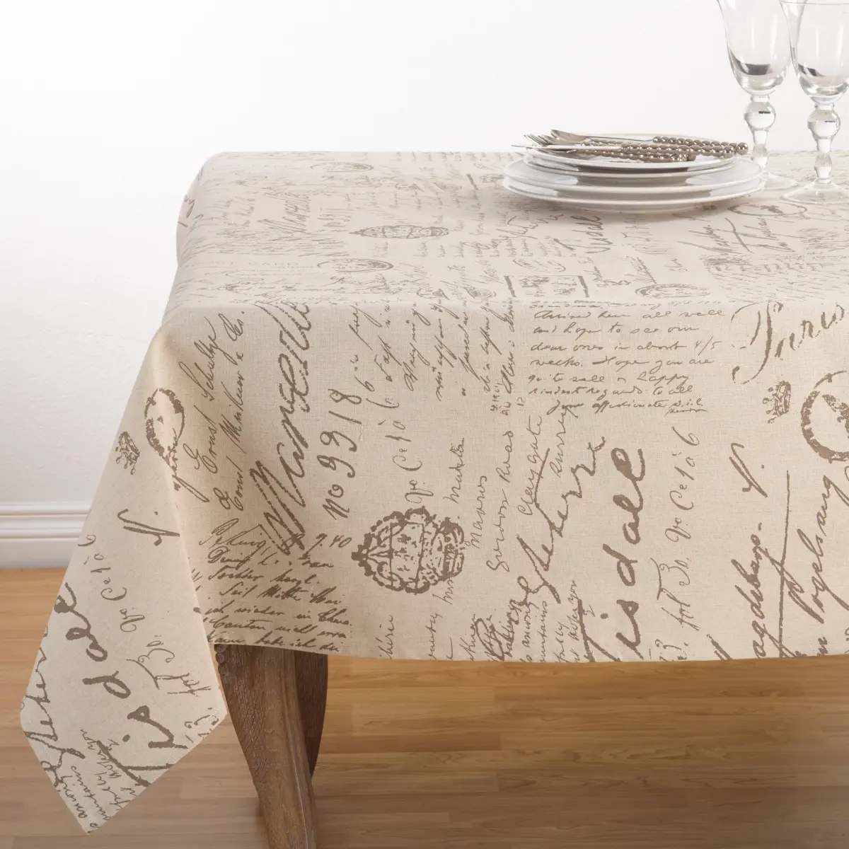 SARO 0044.N55S Old Fashioned Vintage Script Print Design Everyday Tablecloth - Natural