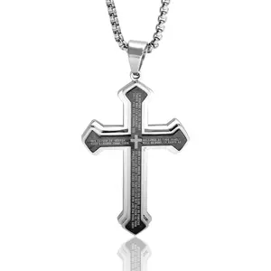 Nail Cross Pendant Necklace with Lord's Prayer Engraving, Large Charm with 23.6 Inch Chain, Classic Religious Style Jewelry, Unisex Ornament for Daily Wear and Holiday Gifting