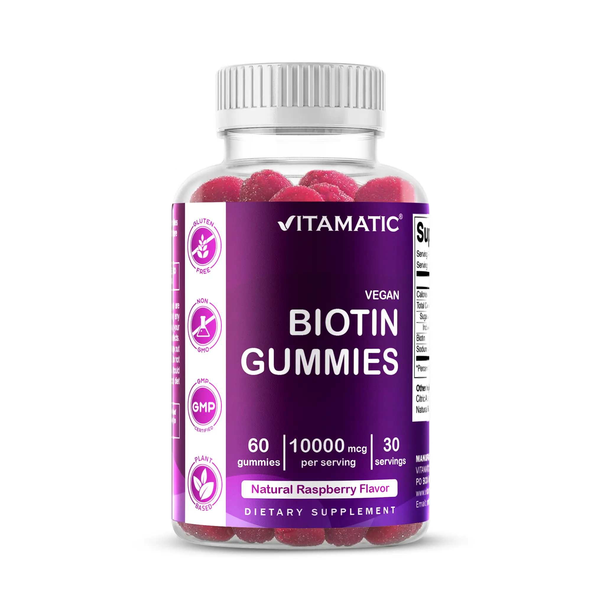 Vitamatic Biotin Dietary Gummies - 10,000 mcg (10mg), 60 Vegan Gluten-Free Chew Raspberry Flavor, Natural Hair Growth Product for Hair & Nails, Skin Care