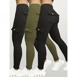 Women's 3Pcs High-Waisted Yoga Leggings - 90% Polyester 10% Elastane Stretchy, Hip-Lift, Pockets, Solid Color Extra-Long Tights - All-Season Comfort, Sleek Professional Sports Activewear for Yoga, Running
