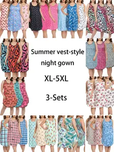 Three-piece set of large-sized night gowns for women, featuring summer colors, three-piece vest, relaxed fit, casual style, floral and flower prints, home wear dress, three-piece combination set.