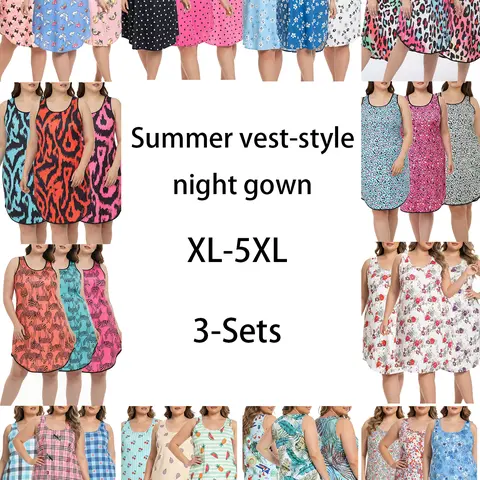Three-piece set of large-sized night gowns for women, featuring summer colors, three-piece vest, relaxed fit, casual style, floral and flower prints, home wear dress, three-piece combination set.