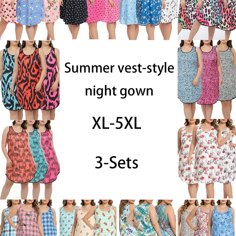 Three-piece set of large-sized night gowns for women, featuring summer colors, three-piece vest, relaxed fit, casual style, floral and flower prints, home wear dress, three-piece combination set.