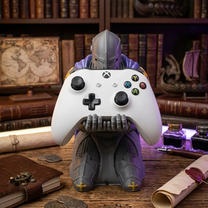Medieval Kneeling Knight Paladin Controller Stand Display with Chainmail, Stable Armor Statue Gaming Desk Accessory Compatible with Standard Gamepads