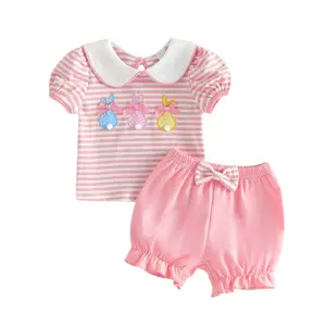 Toddler Baby Girl Easter Outfits Bunny Embroidered Striped Doll Collar Short Sleeve Tops with Shorts 2 Pcs Set