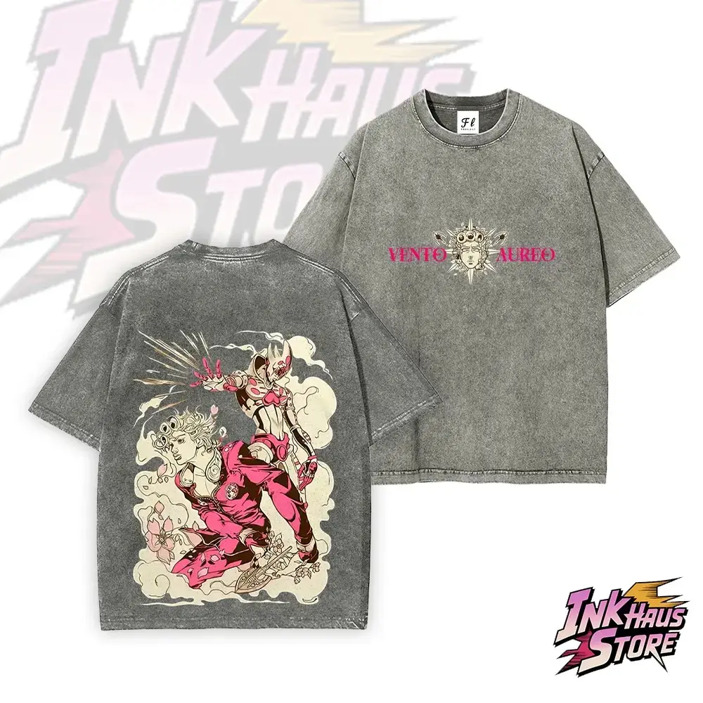 Men's Oversized Classic Breathable Cotton T-Shirt - Unisex Streetwear Apparel Top, Short Sleeve, Retro Wash, Featuring JoJo's Bizarre Adventure Part 5 Golden Wind Giorno Giovanna & Gold Experience (Cherry Blossom & Smoke Backdrop)