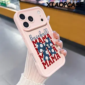Baseball bows and MAMA Pattern Design Soft silicone Case for iPhone 17 Pro Max Air 16 15 14 Plus 13 12 11 Straight Edge Drop-Resistant Rugged Durable Cover Shell Gift 2D printing