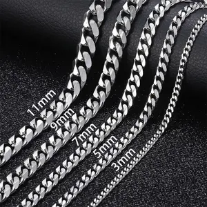 3/5/7/9/11 mm stainless steel silver-color Cuban curb chain choker necklace, 16–30", for men and women, suitable for daily wear; ideal as a birthday or anniversary gift