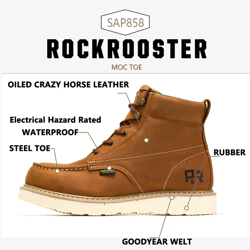 ROCKROOSTER Edgewood Steel Toe Waterproof Shoes Men's 6-Inch Brown Work Boots for Men Footwear, Slip-Resistant Walking Shoes Closed Creeper Leather Boy SAP858