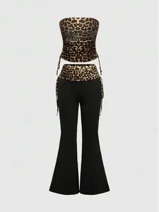 Spring/Summer 2pcs/Set Women Letter Print Rhinestone Leopard Pattern Side Drawstring Tube Top And Flare Pants, Sexy Outfit