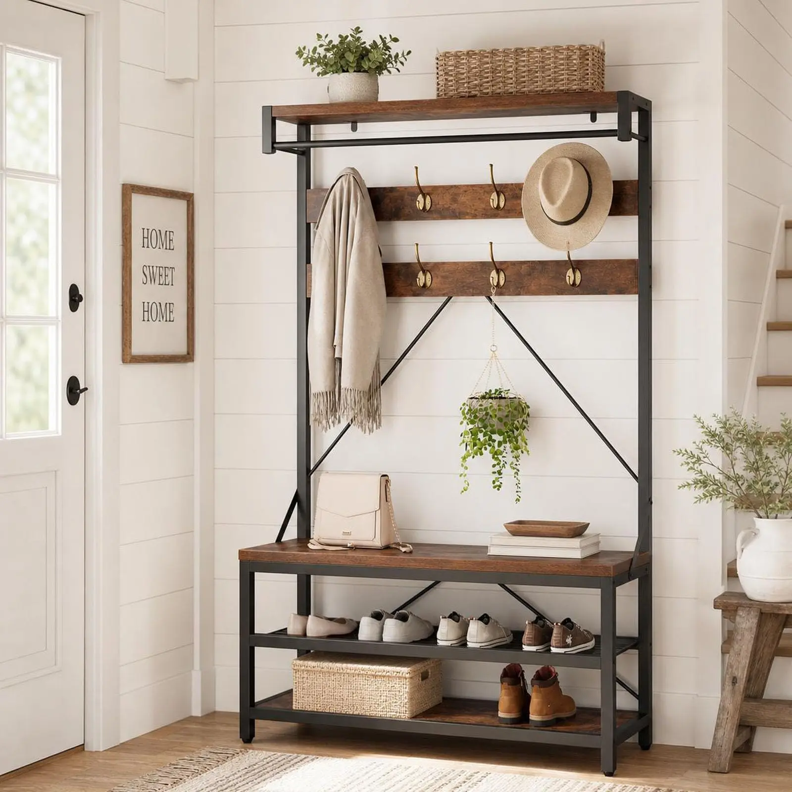 72-in Multifunctional Industrial Brown Hall Tree with Bench, Shoe Storage Racks, 8 Clothes Hooks, Shelves & Hanging Organiser - 3-in-1 Easy Freestanding Metal & Wood Mudroom Furniture for Entryway (Particleboard)