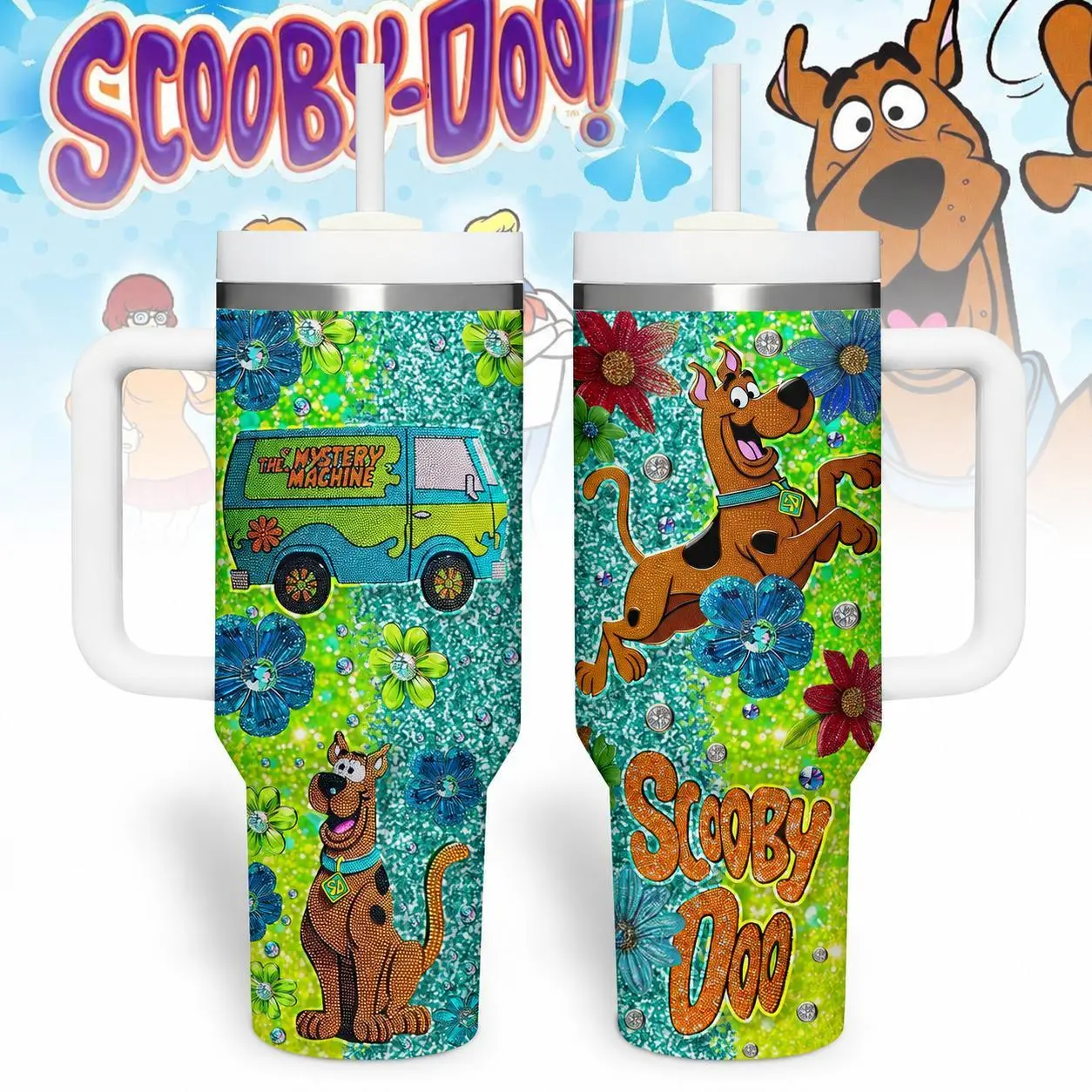 Scooby-Doo Floral Tumbler, 40oz Stainless Steel Cup With Handle and Straw, Double-Wall Insulated Mystery Machine Travel Mug, Gift for Your Health