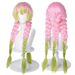 Mitsuri Cosplay Wig for DS, Pre-braided Green and Pink Anime Cosplay Wigs with Cap for Halloween Costume Party