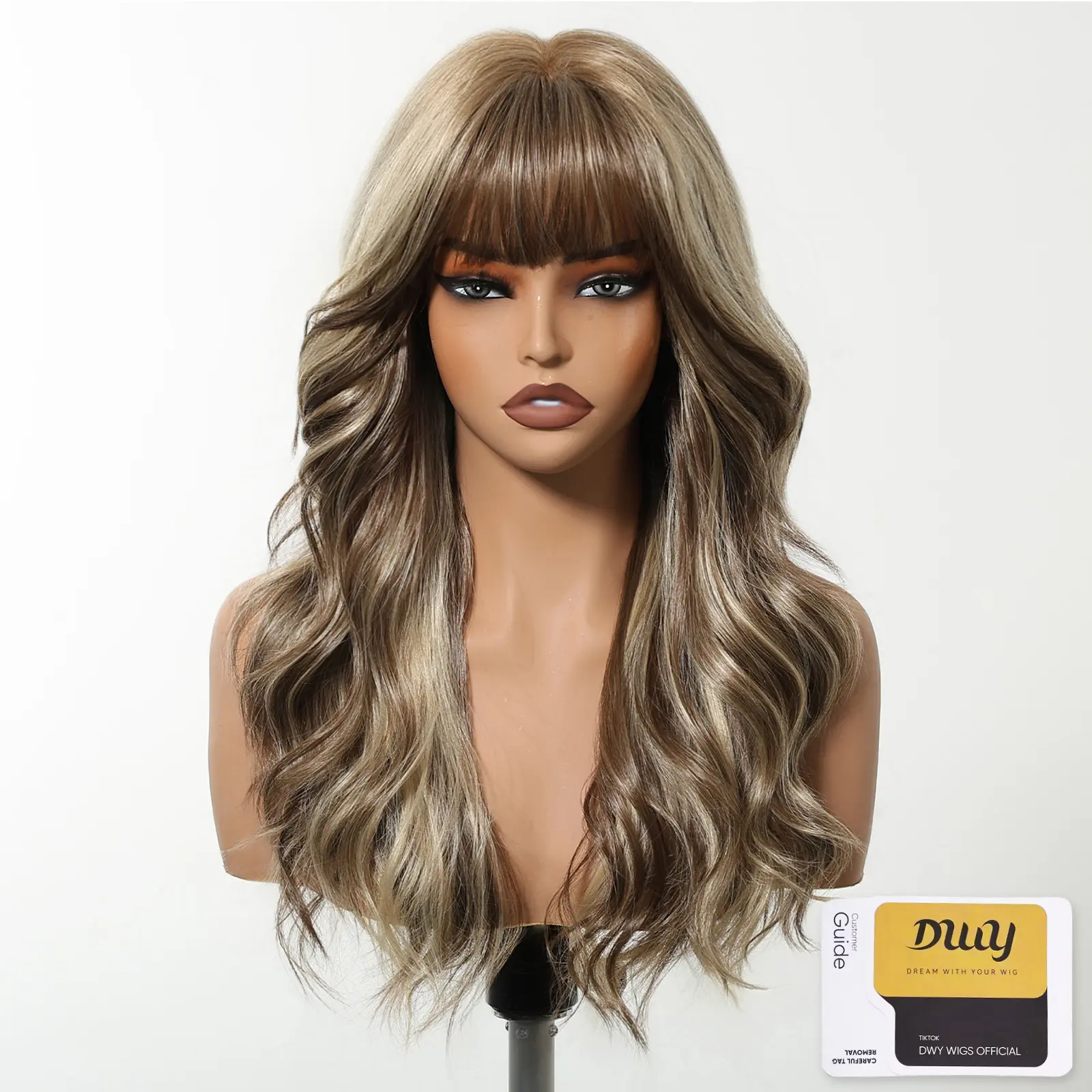 Nati -DWY New Technology! Bionic Silk Top 22-Inch Long Wave Linen Brown Glueless Synthetic Wig with Bangs for Women High-Quality Premium Fiber Easy Wear Comfortable Fit
