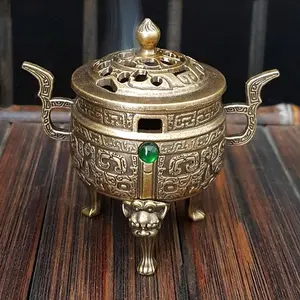 Elegant Alloy Incense Burner with Gemstone Inlay, Three-Legged Design for Meditation & Air Purification, Decorative Aromatherapy Stand