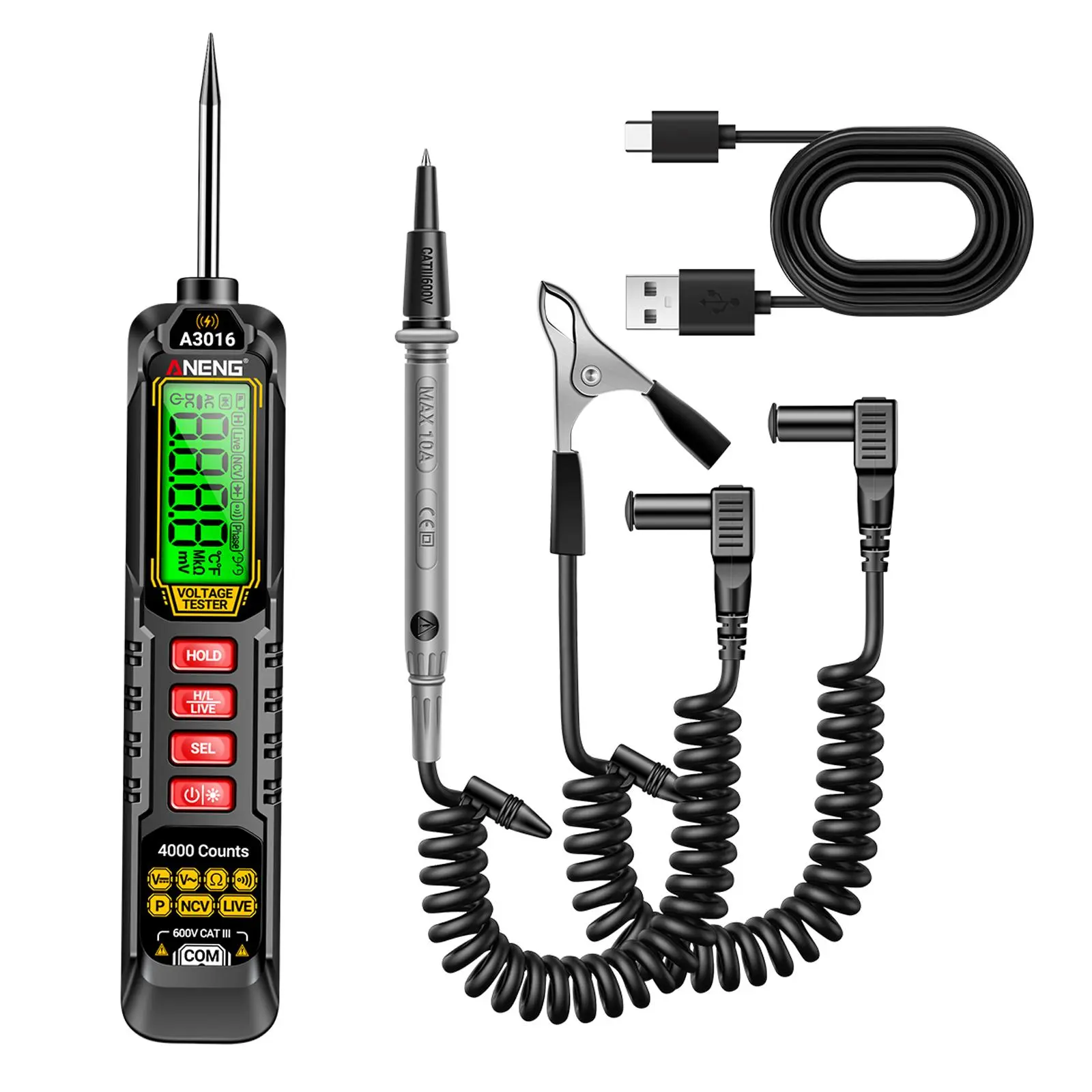 Multifunctional Compact A3016 USB Rechargeable Multimeter - 0.5V-600V AC/DC Auto Testing Pen with Sharp Probe, Buzzer, Polarity Indicator Light, Continuity/Fuse Testing, Alligator Clip for Cars, SUVs