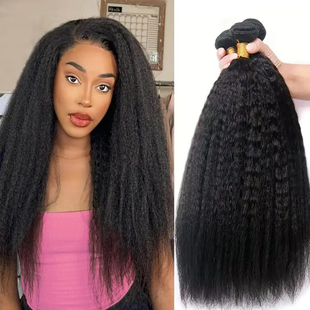 Women's 100% Unprocessed Brazilian Remy Human Hair Bundles, 16-20 In Kinky Yaki Straight, 3 Bundles, Natural Black, Full Density, Soft Texture, Double Weft, Natural Look, Full and Thick