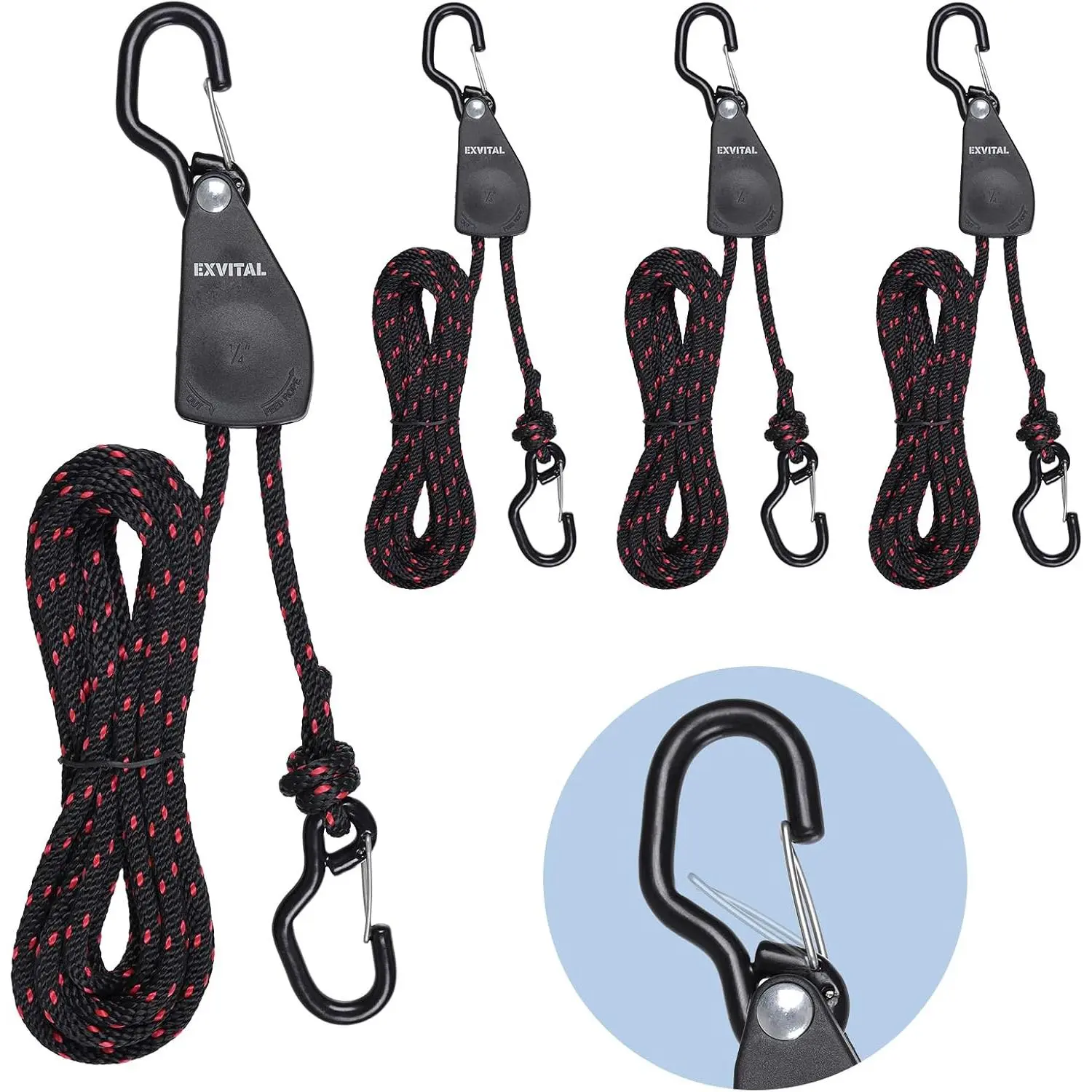 4PCS Kayak Rope Tie Down Ratchet Straps 1/4" *12' Bow and Stern Tie Down Kayak with Safety S Hook Heavy Duty Ratchet Rope Kayak and Canoe Accessories Black