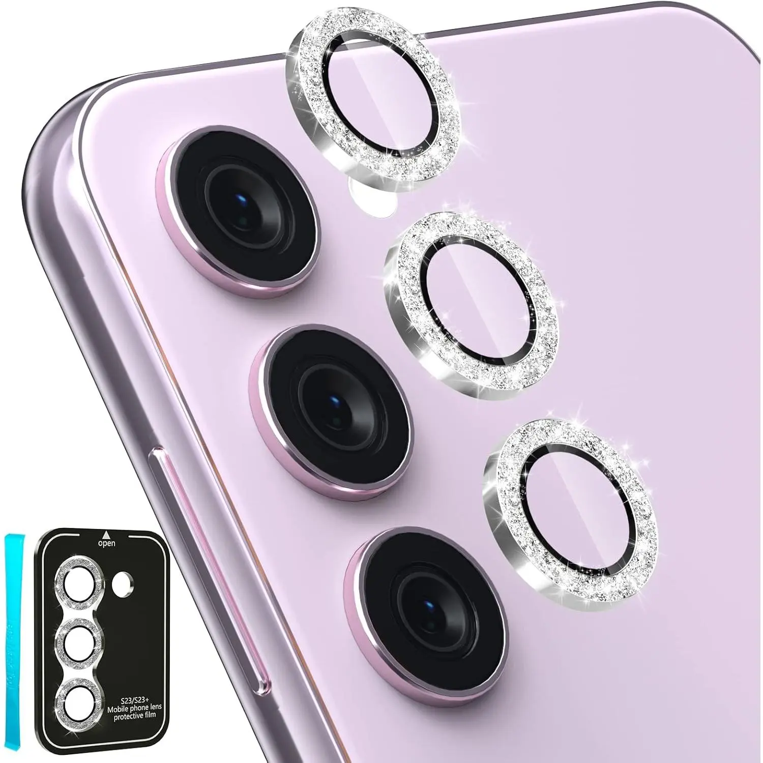 [3 ] for  Galaxy S24 / S23 / S23 Plus Camera Lens Protector, 9H Tempered Glass + Aluminum Alloy Metal Individual Lens Protective Ring for S24 / S23 / S23+ 5G 2023, Glitter Silver