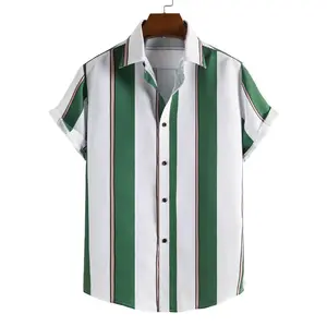 Camp Collar Short Sleeve Shirt for Men High End Hawaiian Man Shirt Camisa De Praia Business Formal Dress Shirts Tops for Men Medium Size Green Striped