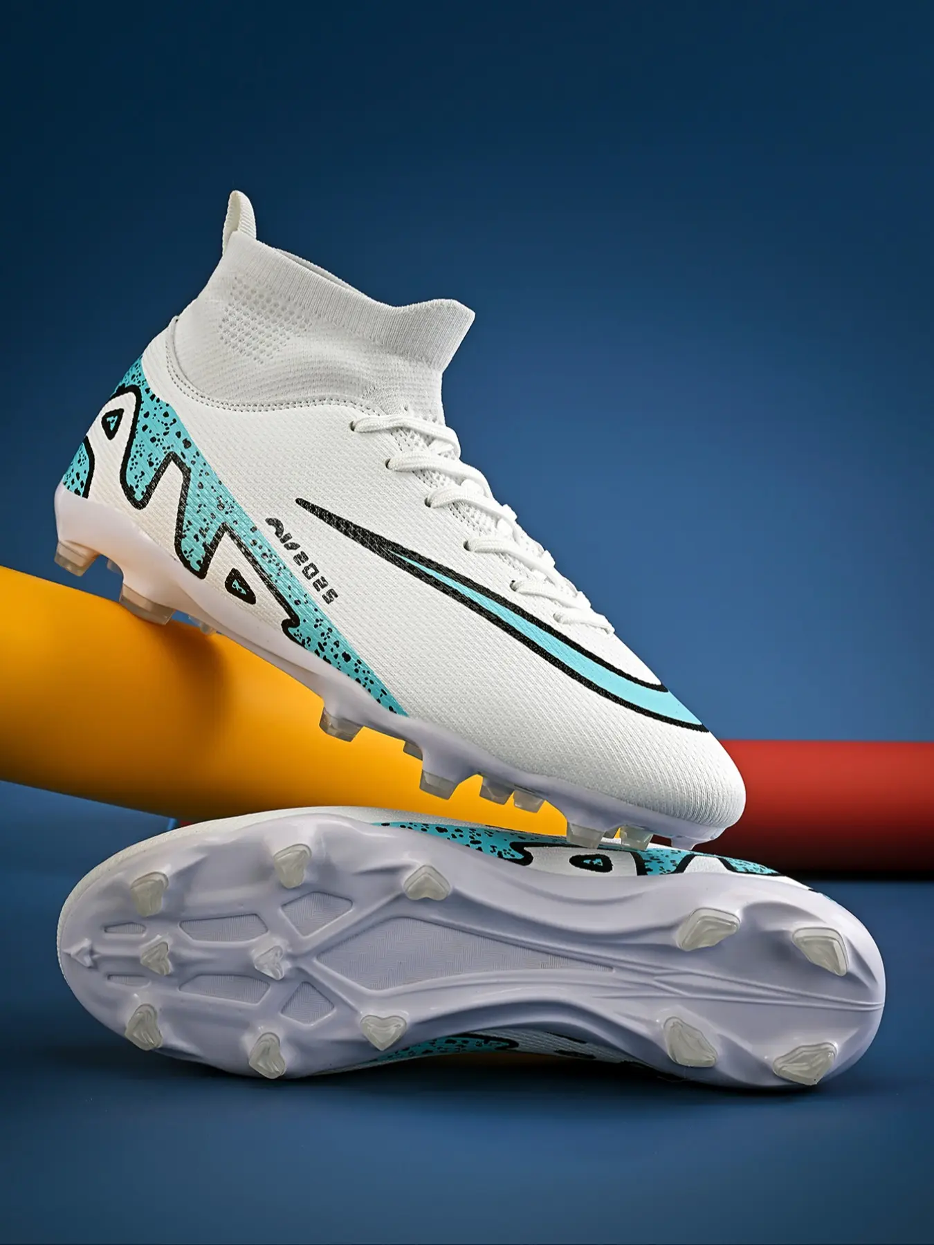 Men's High-Top Soccer Shoes with Long Studs, Striped Design, Breathable Anti-Slip Sole, Soft Insole, Professional Tpu & PU Material, Soccer Cleats, Football Boots, Sports Shoes
