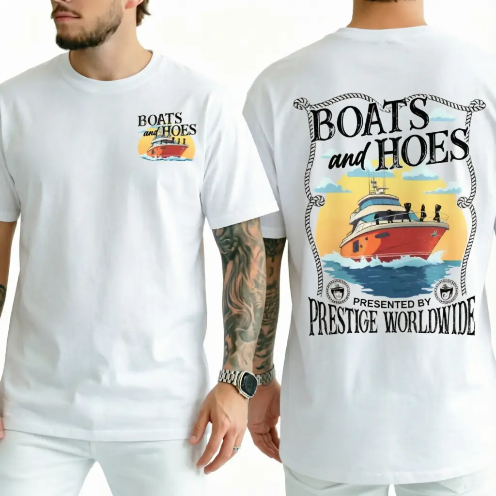 Unisex Step Brothers Boats and Hoes Movie Double-Sided Print Menswear Top, Vintage Retro Cotton Round Neck Short-Sleeve T-Shirt, Classic Cut Casual Wear, Humorous Graphic Gift for Him (White, Black), Tops, Shortsleeve