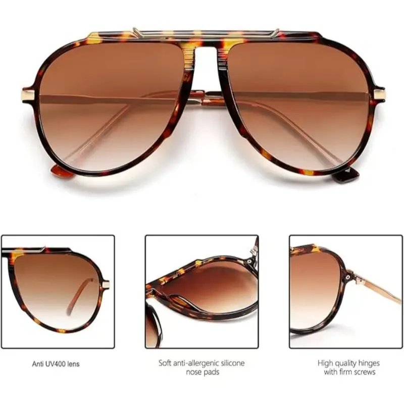 Women's Oversized 70s Retro Gold Metal Tangle-Free Square Aviator Sunglasses, 1-2Pcs 2026 Stylish Eyewear for Men, Fashion Accessories, Womens Sunglasses