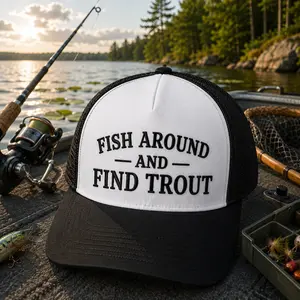 Fish Around And Find Trout Embroidery Hat, Fishing Club, Funny Vintage Snapback Cap, Y2K Aesthetic Baseball Cap, Cute Pastel Pink Adjustable Dad Hat, Trendy Country Concert Streetwear Gift