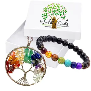 Chakra Tree of Life Crystal Gemstone Necklace w/ Chakra or Palo Santo Bracelet Choice, Gift Boxed