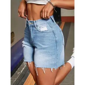 2025 Women'S Spring and Summer Women'S Fashion Wash Straight Ripped Casual Denim Shorts