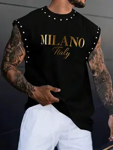 Men's Simple Versatile Tank Top, Milan Name Print, Stud Design Sleeveless Vest, Casual Streetwear for All Seasons