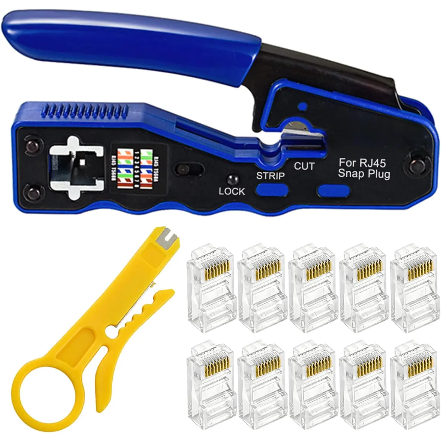 RJ45 Crimp Tool Kit Ethernet Crimping Tool Wire Crimper Stripper  for Cat5e Cat6 Cat6a Pass Thrugh Connectors with 10 count Cat6 Connectors and 1 count mini wire stripper