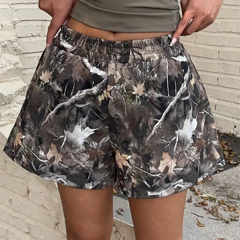 【Plus Size】 All Over Print Shorts, Elastic Waist Short, Elastic Waistband Shorts, Branch Print Shorts, Street Fashion Casual Shorts for Daily Outdoor Wear, Women Plus Clothing for Summer